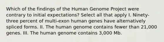 Which of the findings of the Human Genome Project were contrary to initial expectations? Select all that apply I. Ninety-three percent of multi-exon human genes have alternatively spliced forms. II. The human genome contains fewer than 21,000 genes. III. The human genome contains 3,000 Mb.