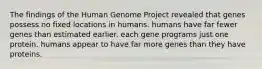 The findings of the Human Genome Project revealed that genes possess no fixed locations in humans. humans have far fewer genes than estimated earlier. each gene programs just one protein. humans appear to have far more genes than they have proteins.