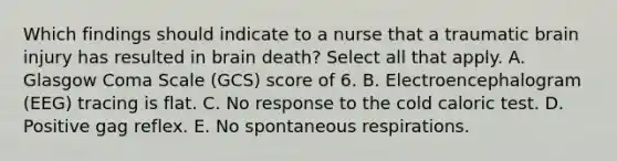 Which findings should indicate to a nurse that a traumatic brain injury has resulted in brain death? Select all that apply. A. Glasgow Coma Scale (GCS) score of 6. B. Electroencephalogram (EEG) tracing is flat. C. No response to the cold caloric test. D. Positive gag reflex. E. No spontaneous respirations.