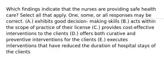 Which findings indicate that the nurses are providing safe health care? Select all that apply. One, some, or all responses may be correct. (A.) exhibits good decision- making skills (B.) acts within the scope of practice of their license (C.) provides cost-effective interventions to the clients (D.) offers both curative and preventive interventions for the clients (E.) executes interventions that have reduced the duration of hospital stays of the clients