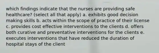 which findings indicate that the nurses are providing safe healthcare? (select all that apply) a. exhibits good decision making skills b. acts within the scope of practice of their license c. provides cost effective interventions to the clients d. offers both curative and preventative interventions for the clients e. executes interventions that have reduced the duration of hospital stays of the client