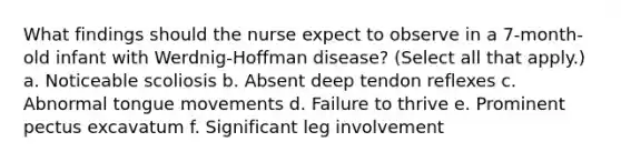 What findings should the nurse expect to observe in a 7-month-old infant with Werdnig-Hoffman disease? (Select all that apply.) a. Noticeable scoliosis b. Absent deep tendon reflexes c. Abnormal tongue movements d. Failure to thrive e. Prominent pectus excavatum f. Significant leg involvement