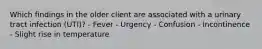 Which findings in the older client are associated with a urinary tract infection (UTI)? - Fever - Urgency - Confusion - Incontinence - Slight rise in temperature