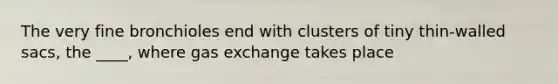 The very fine bronchioles end with clusters of tiny thin-walled sacs, the ____, where gas exchange takes place