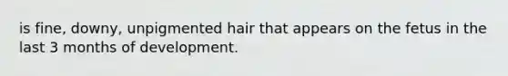 is fine, downy, unpigmented hair that appears on the fetus in the last 3 months of development.