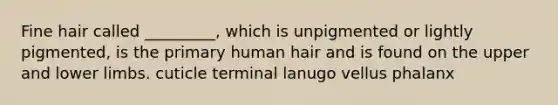 Fine hair called _________, which is unpigmented or lightly pigmented, is the primary human hair and is found on the upper and lower limbs. cuticle terminal lanugo vellus phalanx