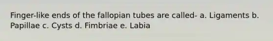 Finger-like ends of the fallopian tubes are called- a. Ligaments b. Papillae c. Cysts d. Fimbriae e. Labia