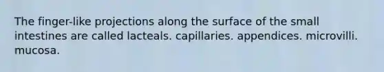 The finger-like projections along the surface of the small intestines are called lacteals. capillaries. appendices. microvilli. mucosa.