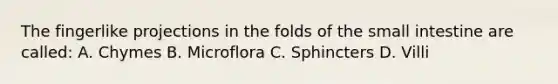 The fingerlike projections in the folds of the small intestine are called: A. Chymes B. Microflora C. Sphincters D. Villi