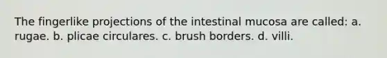 The fingerlike projections of the intestinal mucosa are called: a. rugae. b. plicae circulares. c. brush borders. d. villi.