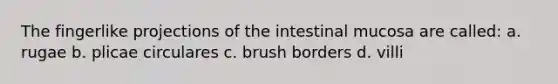 The fingerlike projections of the intestinal mucosa are called: a. rugae b. plicae circulares c. brush borders d. villi