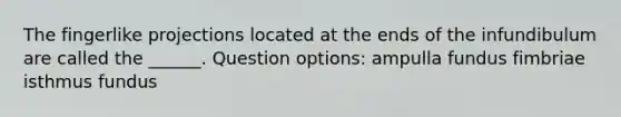 The fingerlike projections located at the ends of the infundibulum are called the ______. Question options: ampulla fundus fimbriae isthmus fundus