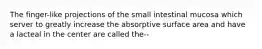 The finger-like projections of the small intestinal mucosa which server to greatly increase the absorptive surface area and have a lacteal in the center are called the--