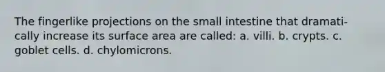 The fingerlike projections on the small intestine that dramati- cally increase its surface area are called: a. villi. b. crypts. c. goblet cells. d. chylomicrons.