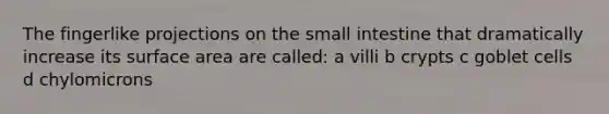 The fingerlike projections on the small intestine that dramatically increase its surface area are called: a villi b crypts c goblet cells d chylomicrons