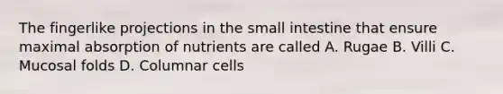 The fingerlike projections in the small intestine that ensure maximal absorption of nutrients are called A. Rugae B. Villi C. Mucosal folds D. Columnar cells