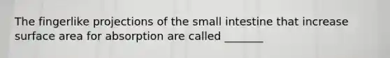 The fingerlike projections of <a href='https://www.questionai.com/knowledge/kt623fh5xn-the-small-intestine' class='anchor-knowledge'>the small intestine</a> that increase <a href='https://www.questionai.com/knowledge/kEtsSAPENL-surface-area' class='anchor-knowledge'>surface area</a> for absorption are called _______