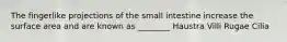 The fingerlike projections of the small intestine increase the surface area and are known as ________ Haustra Villi Rugae Cilia