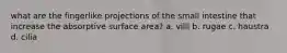 what are the fingerlike projections of the small intestine that increase the absorptive surface area? a. villi b. rugae c. haustra d. cilia