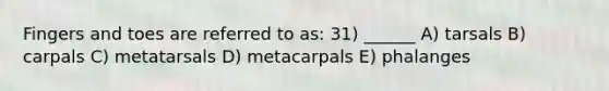 Fingers and toes are referred to as: 31) ______ A) tarsals B) carpals C) metatarsals D) metacarpals E) phalanges