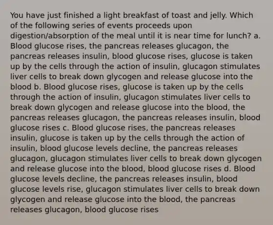 You have just finished a light breakfast of toast and jelly. Which of the following series of events proceeds upon digestion/absorption of the meal until it is near time for lunch? a. Blood glucose rises, the pancreas releases glucagon, the pancreas releases insulin, blood glucose rises, glucose is taken up by the cells through the action of insulin, glucagon stimulates liver cells to break down glycogen and release glucose into the blood b. Blood glucose rises, glucose is taken up by the cells through the action of insulin, glucagon stimulates liver cells to break down glycogen and release glucose into the blood, the pancreas releases glucagon, the pancreas releases insulin, blood glucose rises c. Blood glucose rises, the pancreas releases insulin, glucose is taken up by the cells through the action of insulin, blood glucose levels decline, the pancreas releases glucagon, glucagon stimulates liver cells to break down glycogen and release glucose into the blood, blood glucose rises d. Blood glucose levels decline, the pancreas releases insulin, blood glucose levels rise, glucagon stimulates liver cells to break down glycogen and release glucose into the blood, the pancreas releases glucagon, blood glucose rises