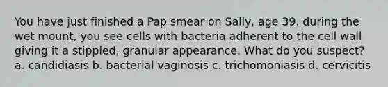 You have just finished a Pap smear on Sally, age 39. during the wet mount, you see cells with bacteria adherent to the cell wall giving it a stippled, granular appearance. What do you suspect? a. candidiasis b. bacterial vaginosis c. trichomoniasis d. cervicitis