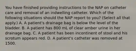 You have finished providing instructions to the NAP on catheter care and removal of an indwelling catheter. Which of the following situations should the NAP report to you? (Select all that apply.) A. A patient's drainage bag is below the level of the bladder. B. A patient has 800 mL of clear amber urine in her drainage bag. C. A patient has been incontinent of stool and his scrotum appears red. D. A patient's catheter was removed at 1500.