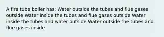 A fire tube boiler has: Water outside the tubes and flue gases outside Water inside the tubes and flue gases outside Water inside the tubes and water outside Water outside the tubes and flue gases inside