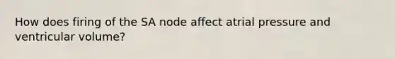 How does firing of the SA node affect atrial pressure and ventricular volume?