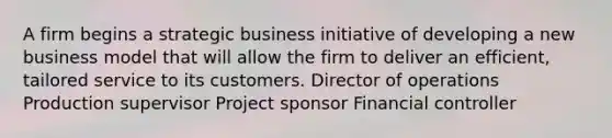 A firm begins a strategic business initiative of developing a new business model that will allow the firm to deliver an efficient, tailored service to its customers. Director of operations Production supervisor Project sponsor Financial controller