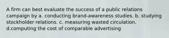 A firm can best evaluate the success of a public relations campaign by a. conducting brand-awareness studies. b. studying stockholder relations. c. measuring wasted circulation. d.computing the cost of comparable advertising