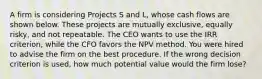 A firm is considering Projects S and L, whose cash flows are shown below. These projects are mutually exclusive, equally risky, and not repeatable. The CEO wants to use the IRR criterion, while the CFO favors the NPV method. You were hired to advise the firm on the best procedure. If the wrong decision criterion is used, how much potential value would the firm lose?