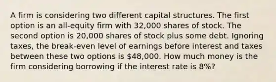 A firm is considering two different capital structures. The first option is an all-equity firm with 32,000 shares of stock. The second option is 20,000 shares of stock plus some debt. Ignoring taxes, the break-even level of earnings before interest and taxes between these two options is 48,000. How much money is the firm considering borrowing if the interest rate is 8%?