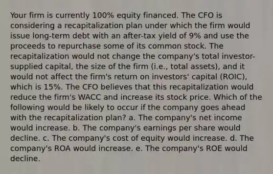 Your firm is currently 100% equity financed. The CFO is considering a recapitalization plan under which the firm would issue long-term debt with an after-tax yield of 9% and use the proceeds to repurchase some of its common stock. The recapitalization would not change the company's total investor-supplied capital, the size of the firm (i.e., total assets), and it would not affect the firm's return on investors' capital (ROIC), which is 15%. The CFO believes that this recapitalization would reduce the firm's WACC and increase its stock price. Which of the following would be likely to occur if the company goes ahead with the recapitalization plan? a. The company's net income would increase. b. The company's earnings per share would decline. c. The company's cost of equity would increase. d. The company's ROA would increase. e. The company's ROE would decline.