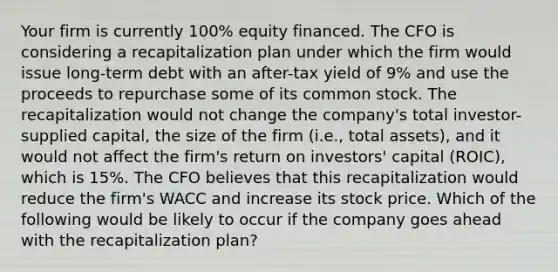 Your firm is currently 100% equity financed. The CFO is considering a recapitalization plan under which the firm would issue long-term debt with an after-tax yield of 9% and use the proceeds to repurchase some of its common stock. The recapitalization would not change the company's total investor-supplied capital, the size of the firm (i.e., total assets), and it would not affect the firm's return on investors' capital (ROIC), which is 15%. The CFO believes that this recapitalization would reduce the firm's WACC and increase its stock price. Which of the following would be likely to occur if the company goes ahead with the recapitalization plan?