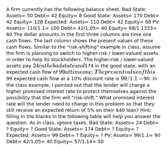 A firm currently has the following balance sheet. Bad State: Assets= 50 Debt= 42 Equity= 8 Good State: Assets= 170 Debt= 42 Equity= 128 Expected: Assets= 110 Debt= 42 Equity= 68 PV: Assets= 110/1.1= 100 Debt= 42/1.05= 40 Equity= 68/1.1333= 60 The dollar amounts in the first three columns are time one cash flows. The last column shows the present values of these cash flows. Similar to the "risk-shifting" example in class, assume the firm is planning to switch to higher-risk / lower-valued assets in order to help its stockholders. The higher-risk / lower-valued assets pay 24 in the bad state and174 in the good state, with an expected cash flow of 99 at time one. The present value of this99 expected cash flow at a 10% discount rate is 99/1.1 =90. In the class example, I pointed out that the lender will charge a higher promised interest rate to protect themselves against the possibility that the firm will "risk-shift." What promised interest rate will the lender need to charge in this problem so that they still receive an expected return of 5% on their 40 loan? Hint: filling in the blanks in the following table will help you answer the question. As in class, ignore taxes. Bad State: Assets= 24 Debt= ? Equity= ? Good State: Assets= 174 Debt= ? Equity= ? Expected: Assets= 99 Debt= ? Equity= ? PV: Assets= 99/1.1= 90 Debt= 42/1.05= 40 Equity= 57/1.14= 50