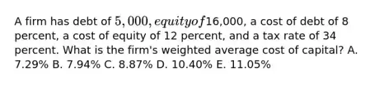 A firm has debt of 5,000, equity of16,000, a cost of debt of 8 percent, a cost of equity of 12 percent, and a tax rate of 34 percent. What is the firm's weighted average cost of capital? A. 7.29% B. 7.94% C. 8.87% D. 10.40% E. 11.05%