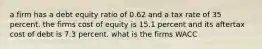 a firm has a debt equity ratio of 0.62 and a tax rate of 35 percent. the firms cost of equity is 15.1 percent and its aftertax cost of debt is 7.3 percent. what is the firms WACC