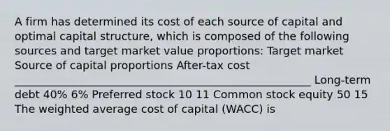 A firm has determined its cost of each source of capital and optimal capital structure, which is composed of the following sources and target market value proportions: Target market Source of capital proportions After-tax cost ______________________________________________________ Long-term debt 40% 6% Preferred stock 10 11 Common stock equity 50 15 The weighted average cost of capital (WACC) is