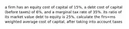 a firm has an equity cost of capital of 15%, a debt cost of capital (before taxes) of 6%, and a marginal tax rate of 35%. its ratio of its market value debt to equity is 25%. calculate the firs=ms weighted average cost of capital, after taking into account taxes