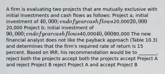 A firm is evaluating two projects that are mutually exclusive with initial investments and cash flows as follows: Project a; initial investment of 40,000; end of year cashflows20,00020,00020,000 Project b; initial investment of 90,000; end of year cashflows40,00040,00080,000 The new financial analyst does not like the payback approach (Table 10.3) and determines that the firm's required rate of return is 15 percent. Based on IRR, his recommendation would be to ________. reject both the projects accept both the projects accept Project A and reject Project B reject Project A and accept Project B