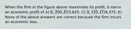 When the firm in the figure above maximizes its profit, it earns an economic profit of A) 6,250. B)5,625. C) 3,125. D)9,375. E) None of the above answers are correct because the firm incurs an economic loss.