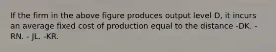 If the firm in the above figure produces output level D, it incurs an average fixed cost of production equal to the distance -DK. - RN. - JL. -KR.