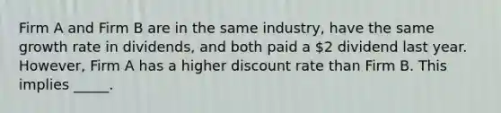 Firm A and Firm B are in the same industry, have the same growth rate in dividends, and both paid a 2 dividend last year. However, Firm A has a higher discount rate than Firm B. This implies _____.