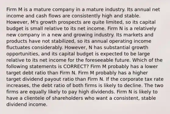 Firm M is a mature company in a mature industry. Its annual net income and cash flows are consistently high and stable. However, M's growth prospects are quite limited, so its <a href='https://www.questionai.com/knowledge/kww9DaR9Nz-capital-budget' class='anchor-knowledge'>capital budget</a> is small relative to its net income. Firm N is a relatively new company in a new and growing industry. Its markets and products have not stabilized, so its annual operating income fluctuates considerably. However, N has substantial growth opportunities, and its capital budget is expected to be large relative to its net income for the foreseeable future. Which of the following statements is CORRECT? Firm M probably has a lower target debt ratio than Firm N. Firm M probably has a higher target <a href='https://www.questionai.com/knowledge/kpBTPBlCMA-dividend-payout' class='anchor-knowledge'>dividend payout</a> ratio than Firm N. If the <a href='https://www.questionai.com/knowledge/kLJsja5y8t-corporate-tax' class='anchor-knowledge'>corporate tax</a> rate increases, the debt ratio of both firms is likely to decline. The two firms are equally likely to pay high dividends. Firm N is likely to have a clientele of shareholders who want a consistent, stable dividend income.