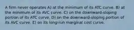 A firm never operates A) at the minimum of its ATC curve. B) at the minimum of its AVC curve. C) on the downward-sloping portion of its ATC curve. D) on the downward-sloping portion of its AVC curve. E) on its long-run marginal cost curve.