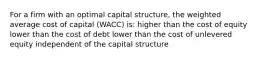 For a firm with an optimal capital structure, the weighted average cost of capital (WACC) is: higher than the cost of equity lower than the cost of debt lower than the cost of unlevered equity independent of the capital structure