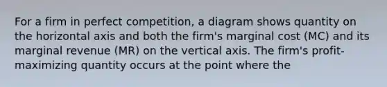 For a firm in perfect competition, a diagram shows quantity on the horizontal axis and both the firm's marginal cost (MC) and its marginal revenue (MR) on the vertical axis. The firm's profit-maximizing quantity occurs at the point where the