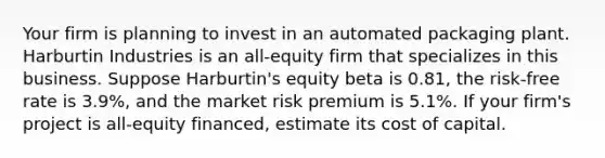 Your firm is planning to invest in an automated packaging plant. Harburtin Industries is an​ all-equity firm that specializes in this business. Suppose​ Harburtin's equity beta is 0.81​, the​ risk-free rate is 3.9%​, and the market risk premium is 5.1%. If your​ firm's project is​ all-equity financed, estimate its cost of capital.