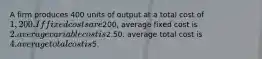 A firm produces 400 units of output at a total cost of 1,200. If fixed costs are200, average fixed cost is 2. average variable cost is2.50. average total cost is 4. average total cost is5.